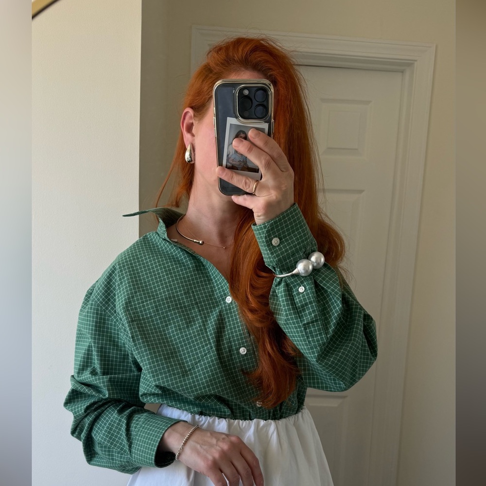 L.L.Bean Oversized Green White Button down boyfriend shirt men’s size L - Picture 4 of 8